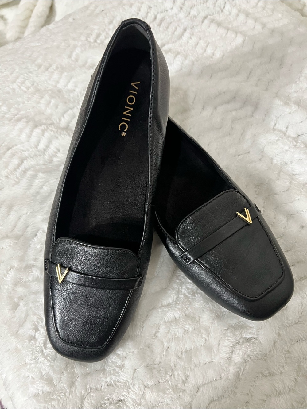 Vionic Black Leather Women's Loafers with Gold V Accent